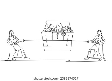 Single one line drawing two Arabian businessmen fight over an open treasure chest. Battle over finding treasure. Everything is done to have it. Greedy. Continuous line design graphic illustration