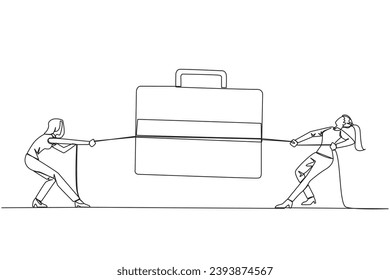 Single one line drawing two businesswomen fighting over briefcase. Competing to gain trust to expand the business overseas. Want to achieve maximum profits. Continuous line design graphic illustration