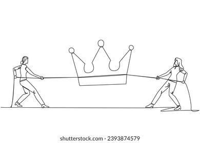 Single one line drawing two businesswomen fight for the crown. Competition to create highly profitable business empire. Facilitate personal interests. Continuous line design graphic illustration