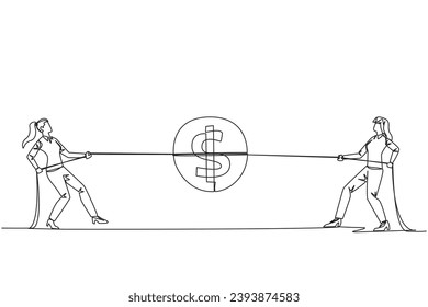 Single one line drawing two businesswomen fighting over a coin with a dollar symbol. Compete for slightest profit. Tight competition in the business world. Continuous line design graphic illustration