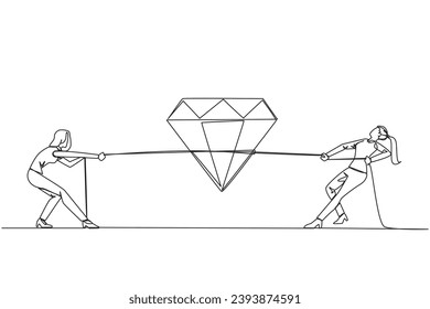 Single one line drawing two businesswomen fighting over diamond. Compete to get the most expensive jewelry. Healthy competition for companies. Best effort. Continuous line design graphic illustration