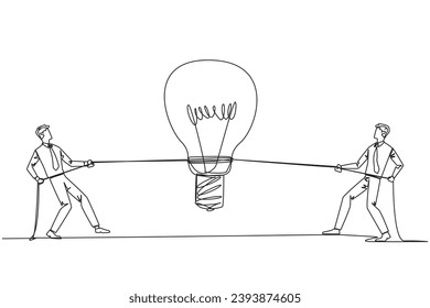 Single one line drawing two businessmen fighting over a lightbulb. Compete to find solutions to problems faced by company. Lack of unity. Partnership split. Continuous line design graphic illustration