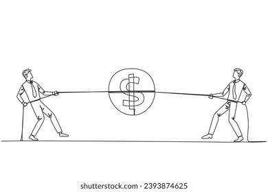 Single one line drawing two businessmen fighting over a coin with a dollar symbol. Compete for the slightest profit. For a better business life. Bonuses. Continuous line design graphic illustration