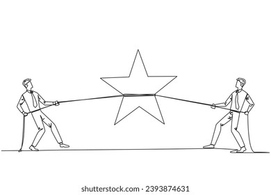 Single one line drawing two businessmen fighting for a star. Competition for award stars. Trying to achieve each other's perfect scores. Chasing the dream. Continuous line design graphic illustration