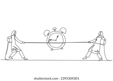 Single one line drawing two Arabian businesswomen fighting over an alarm clock. The battle to get work done before the deadline. Eliminates rioters. Fight. Continuous line design graphic illustration