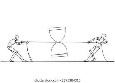 Una sola línea dibujando dos robots inteligentes peleando por un reloj de arena. Golpéate unos a otros para conseguir el tiempo deseado. Tiempo de ejecución de prueba. Desarrollo robótico futuro. Ilustración gráfica de diseño de línea continua