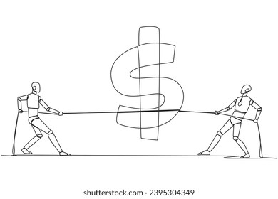 Single one line drawing two robots fighting over dollar symbol. Fighting for profit. Keeping share value high. Future technology development concept. AI. Continuous line design graphic illustration