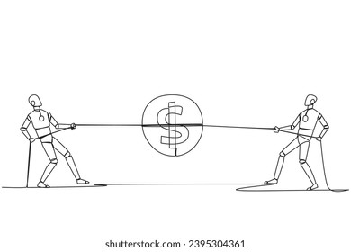 Single one line drawing two robots fighting over a coin with a dollar symbol. Competition for the highest payout for the smartest robots. Future technology. Continuous line design graphic illustration
