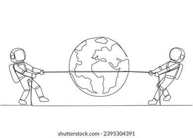 Single one line drawing two astronauts fighting over globe. Tight competition won the schedule for the first return to the earth. Complete expedition tasks. Continuous line design graphic illustration