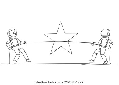Single one line drawing two astronauts fighting for a star. Competition for dreams. Be the first in line to go on expedition to moon. Cosmonaut deep space. Continuous line design graphic illustration