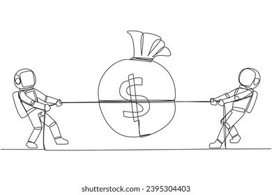 Single one line drawing two astronauts fighting over a money bag. Fight for financial aid for an important expedition into space. Trying to achieve dreams. Continuous line design graphic illustration