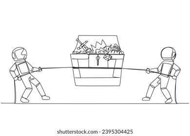 Single one line drawing two astronauts fight over an open treasure chest. Compete for the treasures left behind by the first expedition team on the moon. Continuous line design graphic illustration