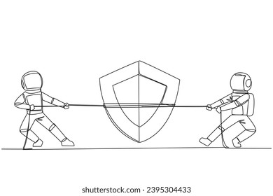 Single one line drawing two astronauts fighting over shield. Fierce battles in the race provide best protection for starships. Getting ready for expedition. Continuous line design graphic illustration