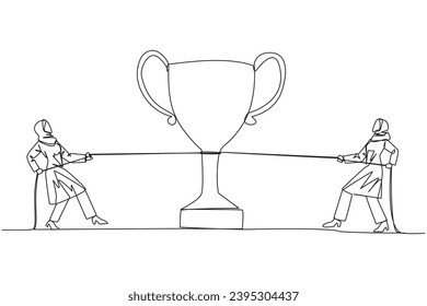 Single one line drawing two Arabian businesswomen fighting for the trophy. Fighting against the hypocritical colleague. Against betrayal. Versus. Greedy. Continuous line design graphic illustration