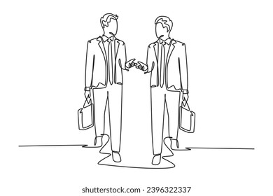 Single one line drawing two young company business men take walk and talk together after company meeting. Business conversation concept. Modern continuous line draw design graphic vector illustration