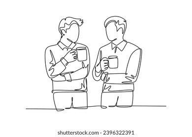 Single one line drawing two young successful male workers have a casual chat over drink coffee during office break. Rest break at work concept. Continuous line draw design graphic vector illustration