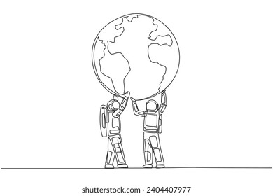 Single one line drawing two astronauts hold up globe together with both hands. Returning from expedition, enthusiasm for protecting earth grow stronger. Continuous line design graphic illustration