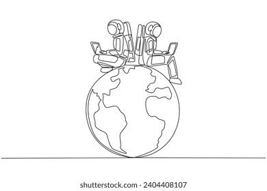 Single one line drawing two astronauts sitting typing laptop on globe. Make expedition reports about air quality on earth. Cosmonaut protect the earth. Continuous line design graphic illustration