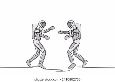 Single one line drawing two young astronaut running face to face while getting ready to hug. Break a happiness between two friends. Cosmic galaxy space. Continuous line draw design vector illustration