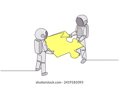 Single one line drawing two astronauts lift huge puzzle piece together. Teamwork moves the puzzle pieces to form a unified whole. Cosmic galaxy deep space. Continuous line design graphic illustration
