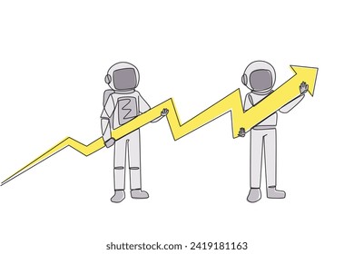 Single one line drawing two astronauts holding a medium-sized arrow graphic whose ends have increased. Spaceman teamwork. Cosmic galaxy deep space. Cosmic. Continuous line design graphic illustration