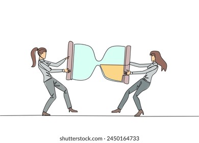 Single one line drawing two angry businesswoman fighting over the hourglass. Ask each other for additional time to send the company profile. Aggressive. Continuous line design graphic illustration