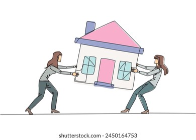 Single one line drawing two emotional businesswoman fighting over the miniature house. The concept of fighting for luxurious house that they really want. Continuous line design graphic illustration