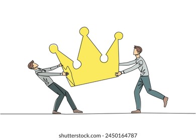 Single one line drawing two emotional businessman fighting over the crown. Fighting for become the most successful and respected businessman. Conflict. Continuous line design graphic illustration