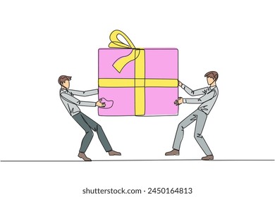Single one line drawing two professional businessman fighting over the big gift box. Entrepreneurs against environmental pollution fight for the main prize. Continuous line design graphic illustration