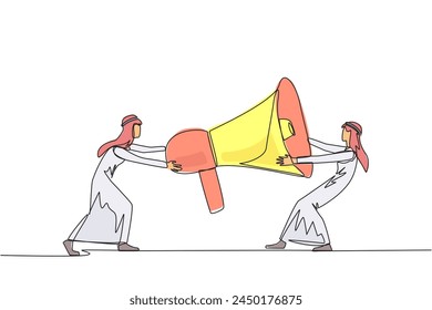 Single one line drawing two emotional Arabian businessman fighting over megaphone. Scramble to announce vacancies and look for reliable employees. Conflict. Continuous line design graphic illustration