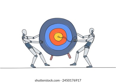 Single one line drawing two angry robot fighting over arrow target board. Fighting for who will get achievement first. Versus. Attack. Conflict. Tech AI. Continuous line design graphic illustration