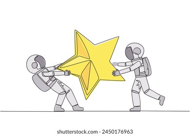 Single one line drawing two angry astronaut fighting over the star. The concept of fighting for brilliant employees for the progress of the company. Space. Continuous line design graphic illustration