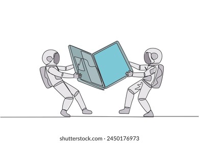 Single one line drawing two emotional astronaut fighting over the laptop. Fighting for information about very good area to be the next target market. Space. Continuous line design graphic illustration
