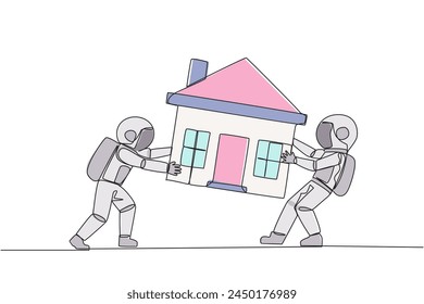 Single one line drawing two emotional astronaut fighting over miniature house. Concept of fighting for luxurious house that they really want. RIval. Cosmic. Continuous line design graphic illustration