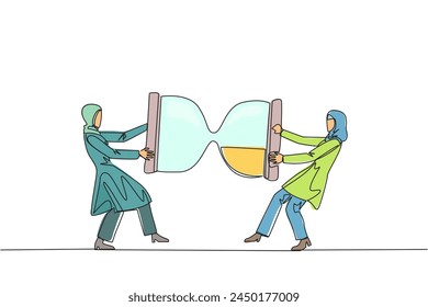 Single one line drawing two angry Arabian businesswoman fighting over hourglass. Ask each other for additional time to send the company profile. Aggressive. Continuous line design graphic illustration