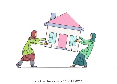 Single one line drawing two emotional Arabian businesswoman fighting over miniature house. Concept of fighting for luxurious house that they really want. Continuous line design graphic illustration