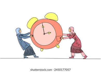 Single one line drawing two emotional Arabian businesswoman fighting over alarm clock. Concept of fighting for rare items for prestige. Conflict. Attack. Continuous line design graphic illustration