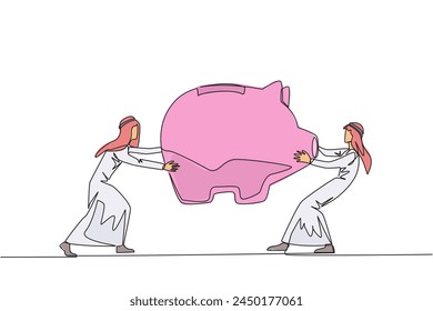 Una sola línea dibujando a dos empresarios árabes egoístas peleando por una gran alcancía. Discutir y uno se siente con derecho. Hombre de negocios contra hombre de negocios. Ilustración gráfica de diseño de línea continua