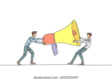 Single one line drawing two emotional businessman fighting over megaphone. Scramble to announce vacancies and look for reliable employees. Conflict. Attack. Continuous line design graphic illustration