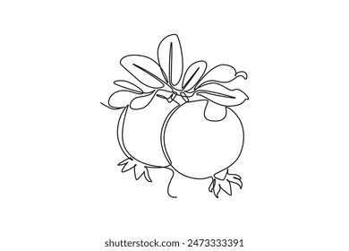 Una sola línea que dibuja dos granadas orgánicas dulces enteras para la identidad del logotipo del huerto. Concepto de semilla fresca para el icono de jardín de frutas. Ilustración vectorial gráfica moderna de diseño de dibujo de línea continua