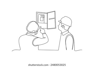 Single one line drawing of two technicians are repairing damage to the electrical unit. Home repair, maintenance and plumbing services. Handyman concept. Continuous line draw design vector illustratio