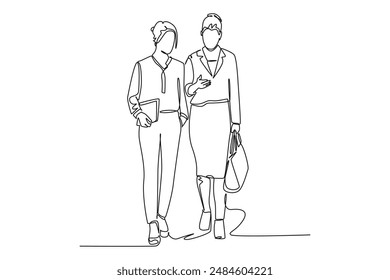 Single one line drawing of two young female managers walking in hurry while discussing about financial report at they company. Urban commuter worker. Continuous line design graphic vector illustration