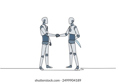 Single one line drawing two smart robots shaking hands. One of them holding a knife behind the back. Getting ready to stab. Must win at all costs. Traitor. Continuous line design graphic illustration