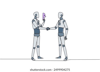 Single one line drawing the two robots shaking hands. One of them has two faces. Full of falsehood. Fake friend. Worst teamwork. Business betrayal. Traitor. Continuous line design graphic illustration