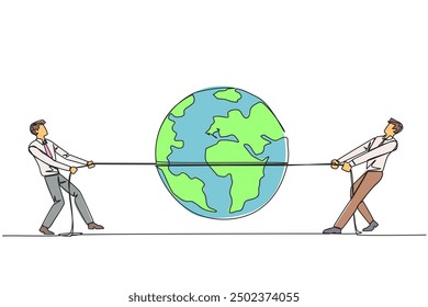 Single one line drawing two businessmen fighting over globe. Fighting over strategic locations. Business must be developed in different places. For profit. Continuous line design graphic illustration