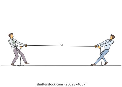 Single one line drawing two businessmen pulling each other's rope. Light exercise relieves the fatigue of daily routine. Eliminate business stress together. Continuous line design graphic illustration