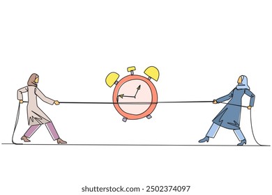 Single one line drawing two Arabian businesswomen fighting over an alarm clock. The battle to get work done before the deadline. Eliminates rioters. Fight. Continuous line design graphic illustration