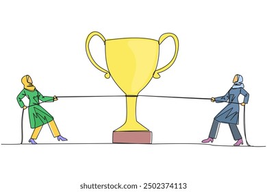 Una sola línea dibujando a dos empresarias árabes luchando por el trofeo. Luchando contra el colega hipócrita. Contra la traición. Versus. Codicioso. Ilustración gráfica de diseño de línea continua