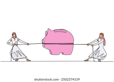 Single one line drawing two Arabian businessmen fighting over a piggy bank. Fighting each other for investment. Rely on muscle to become a winner. Struggle. Continuous line design graphic illustration