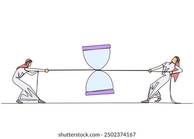 Single one line drawing two Arabian businessmen fighting over  hourglass. Rare prehistoric objects. The winner will get a lot of profits. Great achievement. Continuous line design graphic illustration